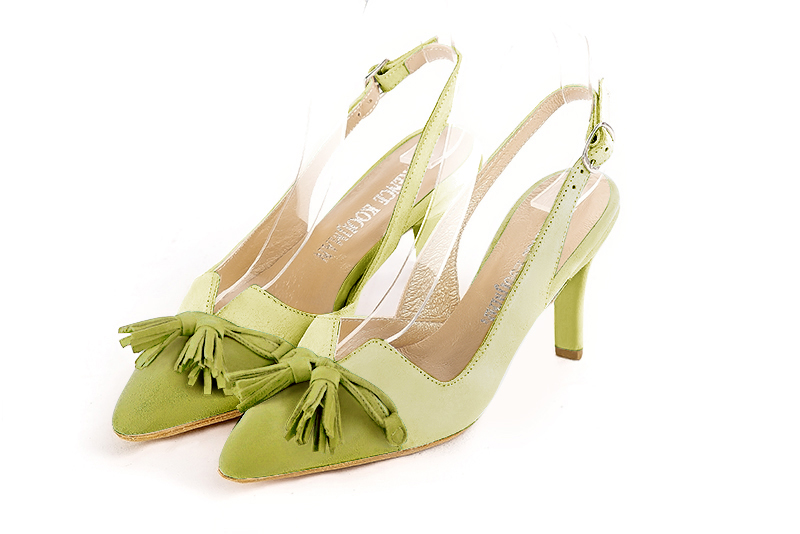 Pistachio green women's open back shoes, with a knot. Tapered toe. High slim heel. Front view - Florence KOOIJMAN